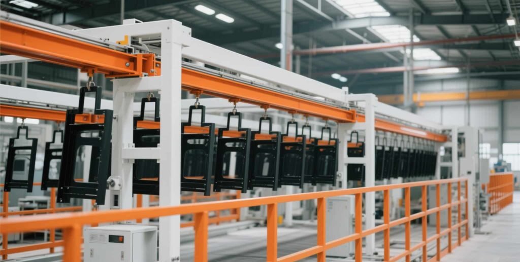SanTu automated powder coating line with hanging steel components
