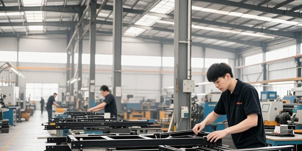 SanTu factory worker assembling treadmill frame