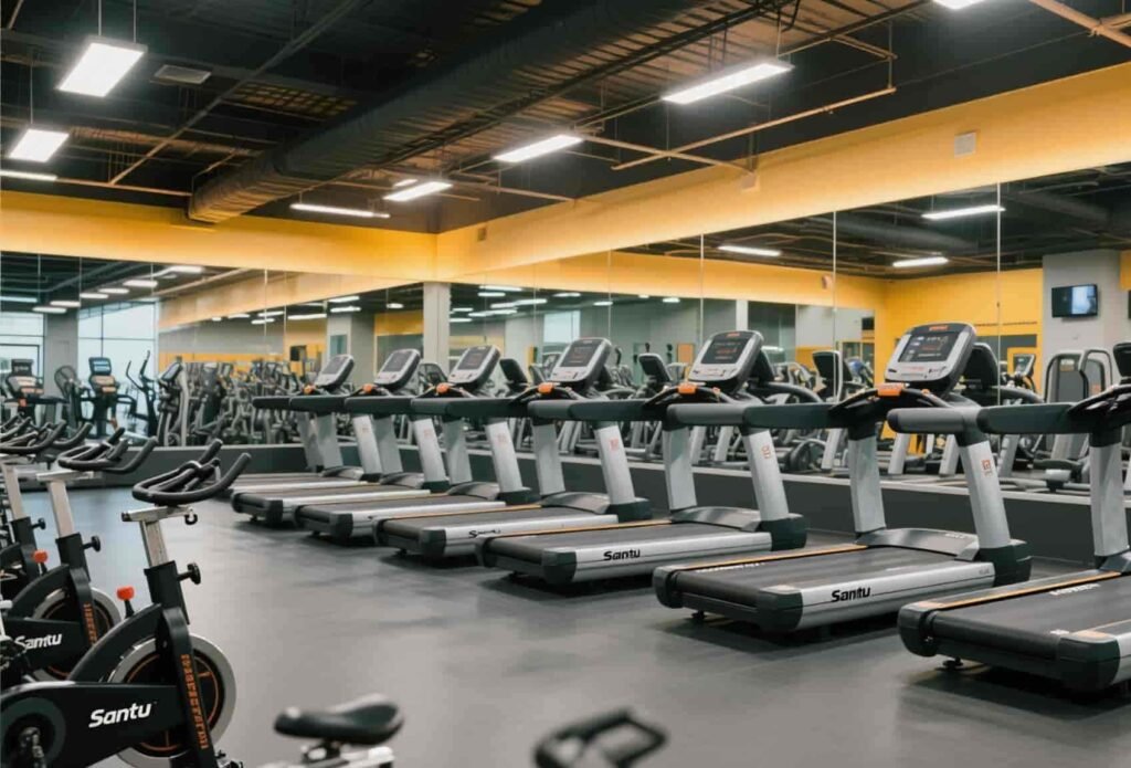 The fitness equipment store is filled with rows of SanTu professional treadmills and exercise bikes