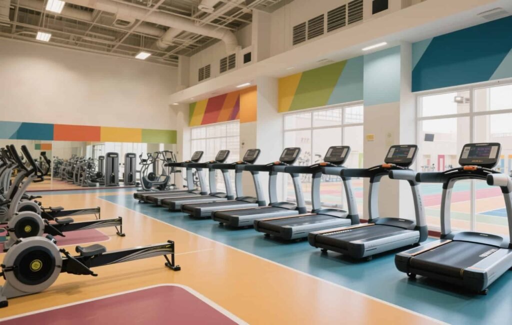 Modern, colorful university gym with SanTu treadmills and rowing machines